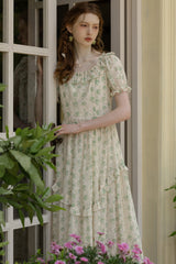 Square Neck Embroidered Floral Long Dress