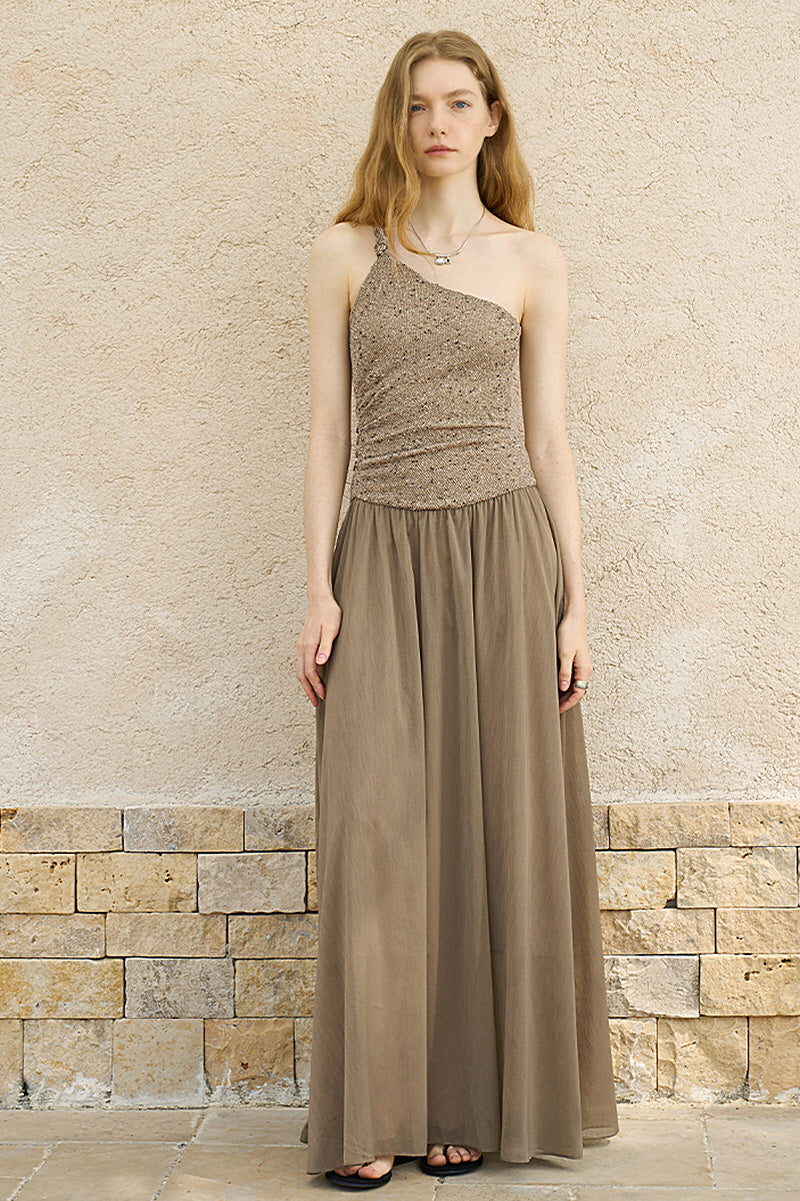 Twisted One-Shoulder Pleated Long Dress
