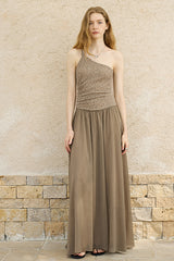 Twisted One-Shoulder Pleated Long Dress