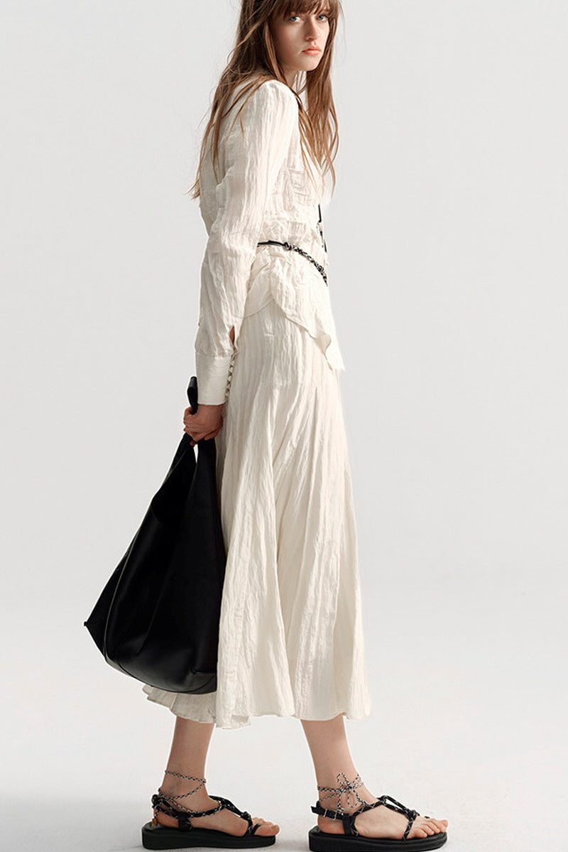 French Micro-Pleated V-Neck Shirred Shirt