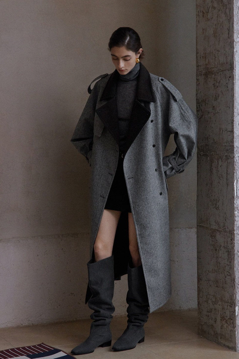 Double-Breasted Contrast Lapel Patchwork Trench Coat