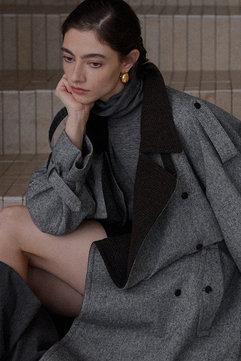 Double-Breasted Contrast Lapel Patchwork Trench Coat