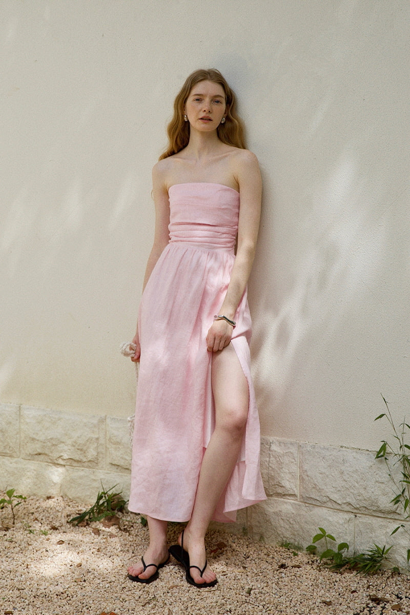 Pleated Bandeau Slit Maxi Dress