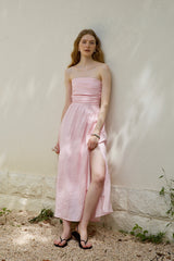 Pleated Bandeau Slit Maxi Dress