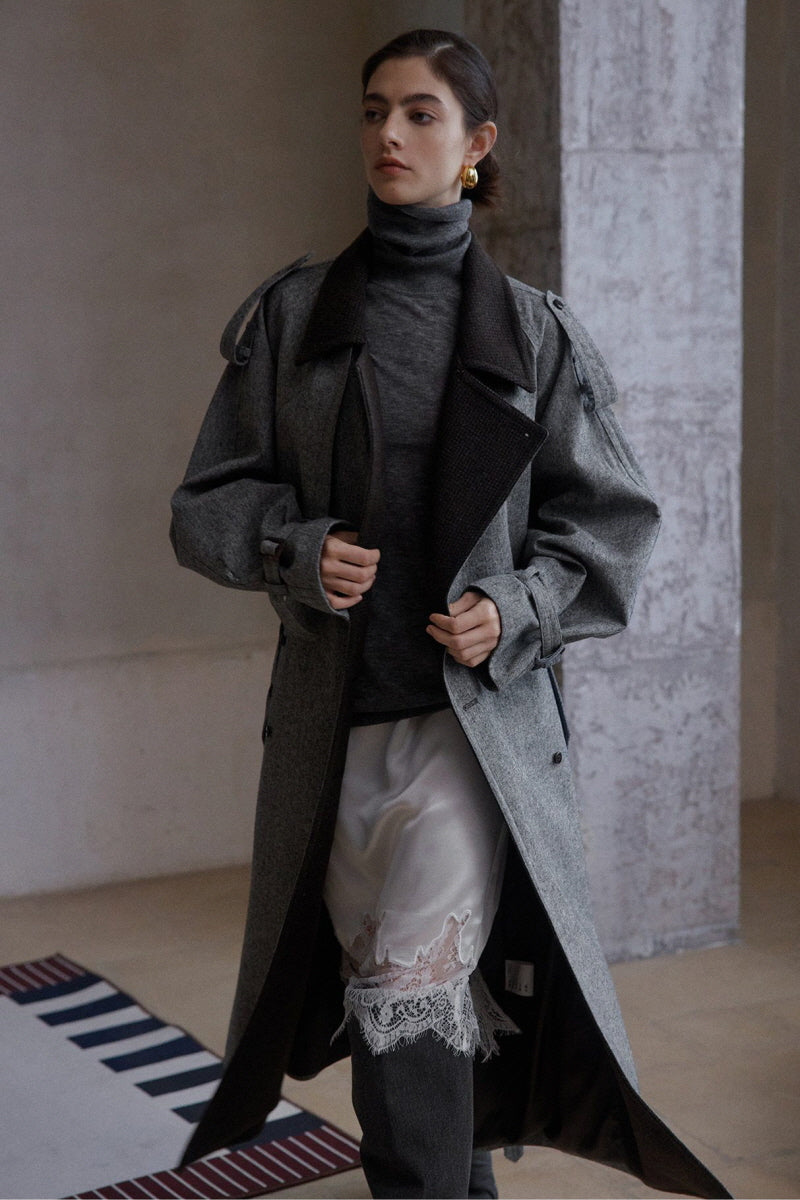 Double-Breasted Contrast Lapel Patchwork Trench Coat