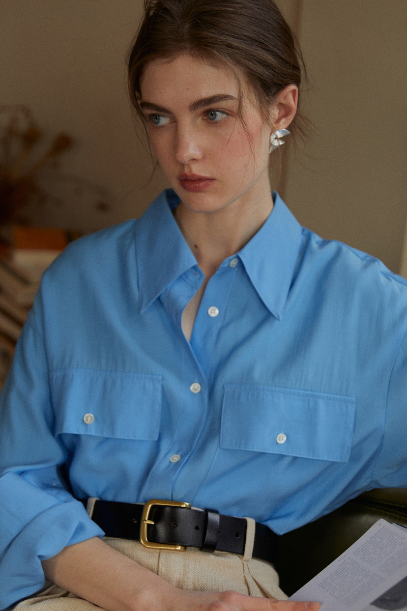 Bright Spring Blue Relaxed Lapel Long Shirt