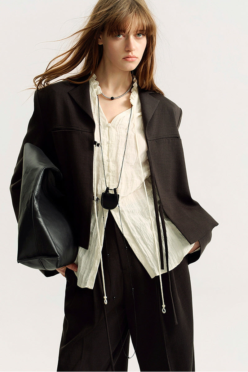 French Micro-Pleated V-Neck Shirred Shirt