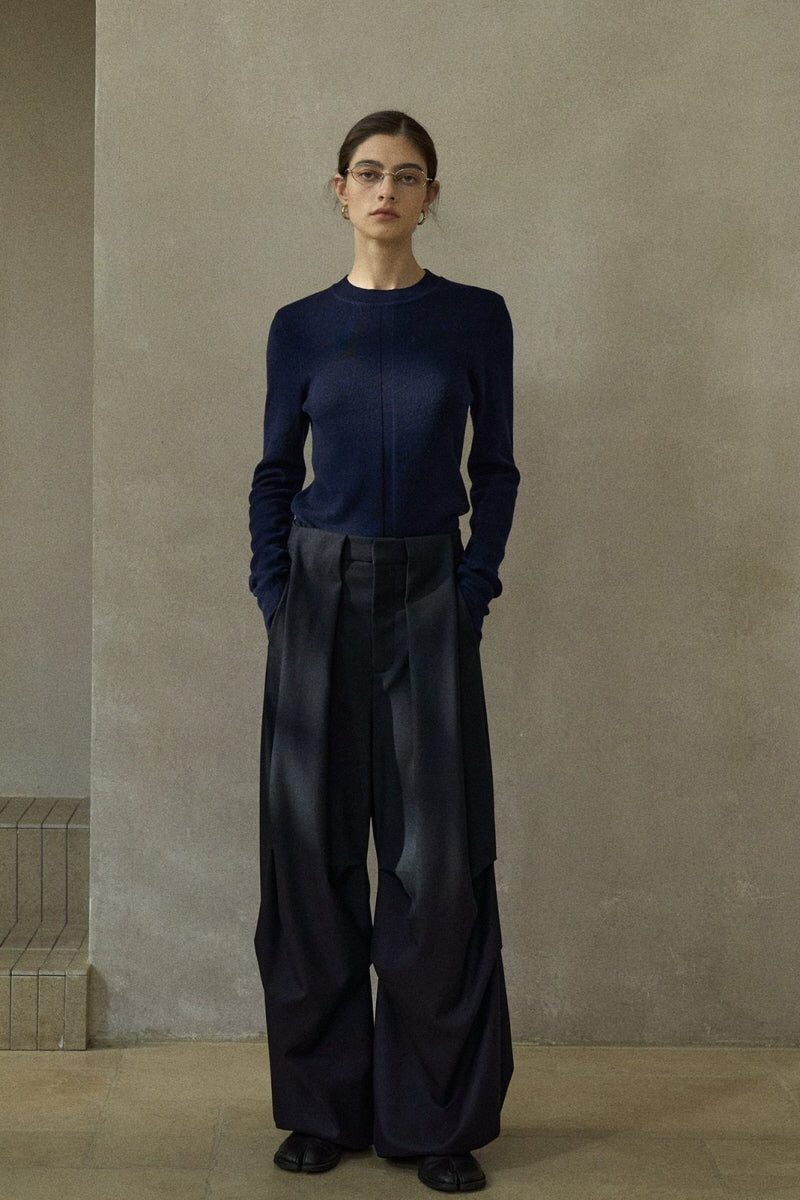 Three D-Pleated Fold-Top Wide-Leg Pants