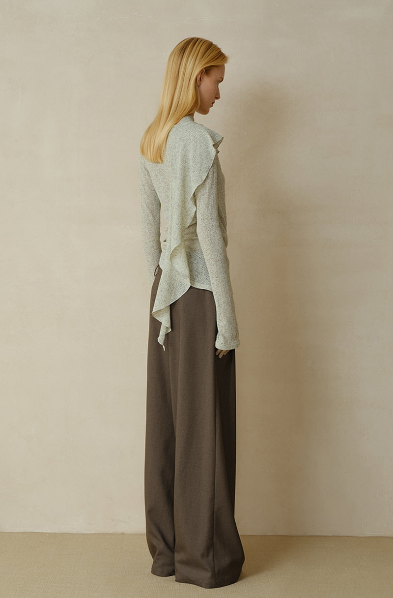 Cross-Drape Pleated V-Neck Flared Sleeve Top