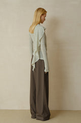 Cross-Drape Pleated V-Neck Flared Sleeve Top