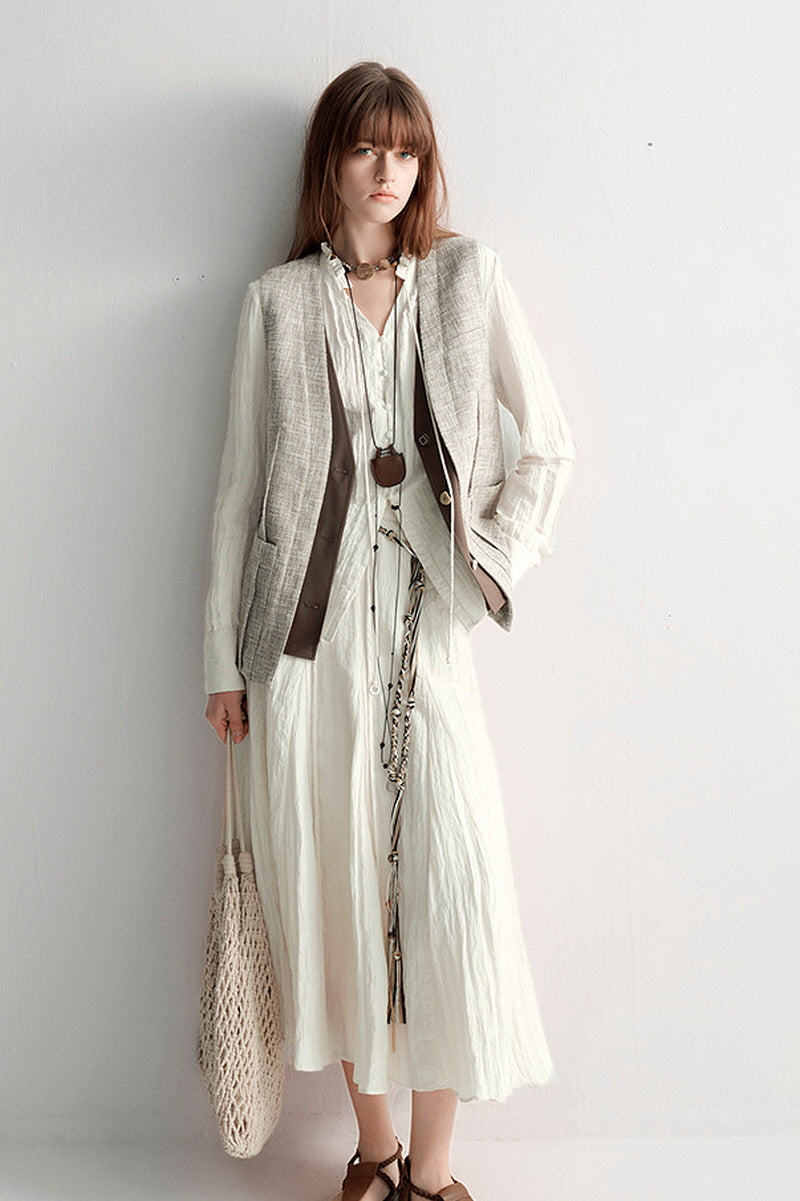 French Micro-Pleated V-Neck Shirred Shirt