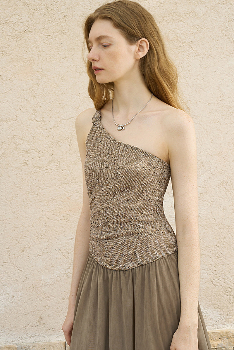 Twisted One-Shoulder Pleated Long Dress