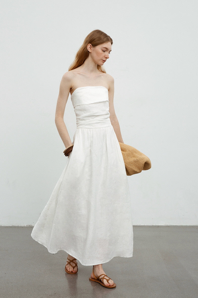 Pleated Bandeau Slit Maxi Dress