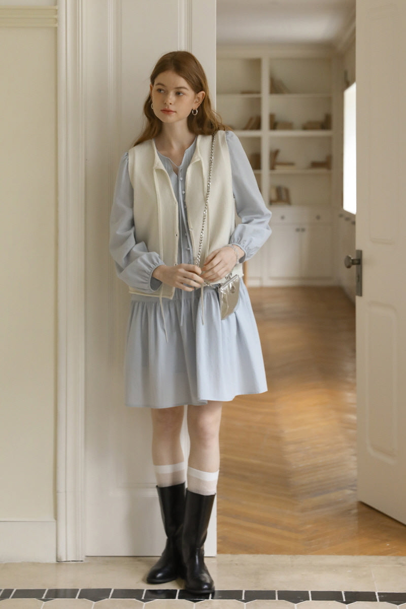 V-Neck Puff Sleeve Tie Waist Long Dress