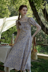 Fungus-Trimmed Square Neck Puff Sleeve Floral Dress