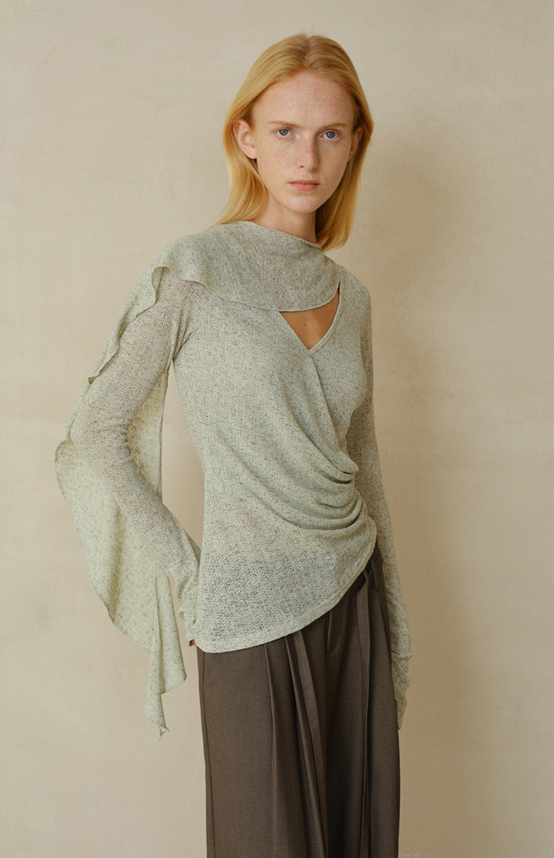 Cross-Drape Pleated V-Neck Flared Sleeve Top