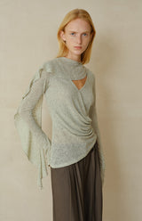 Cross-Drape Pleated V-Neck Flared Sleeve Top