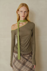 Slanted Shoulder Contrast Panel Knit Top