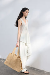 Lace-Up V-Neck Irregular Sleeveless Top