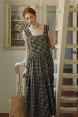 Square Neck High Waist Check Strap Dress