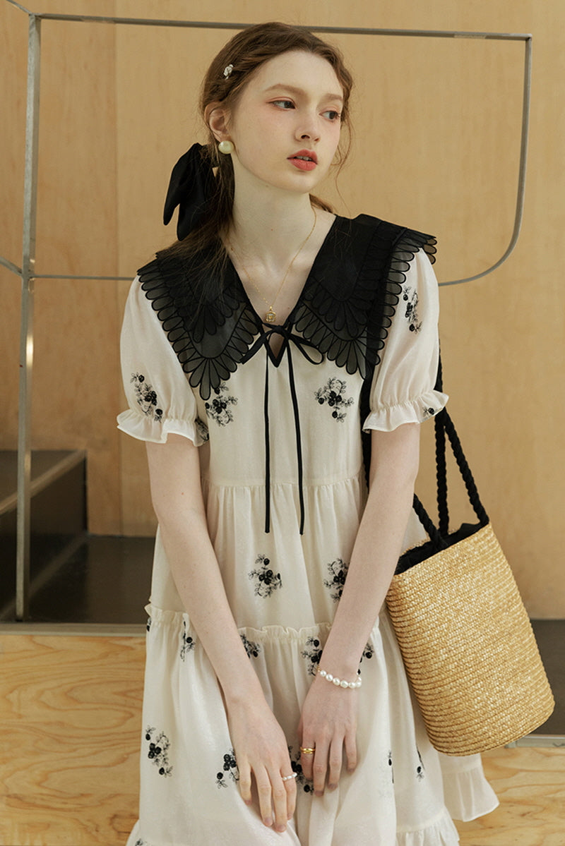 Navy Collar Paneled Embroidered Dress