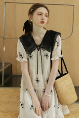 Navy Collar Paneled Embroidered Dress
