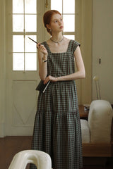 Square Neck High Waist Check Strap Dress