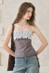 Plaid Lace Patchwork Bandeau Top
