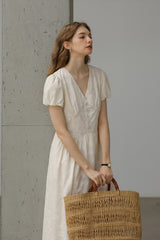 Gentle V-Neck Embroidered Long Dress