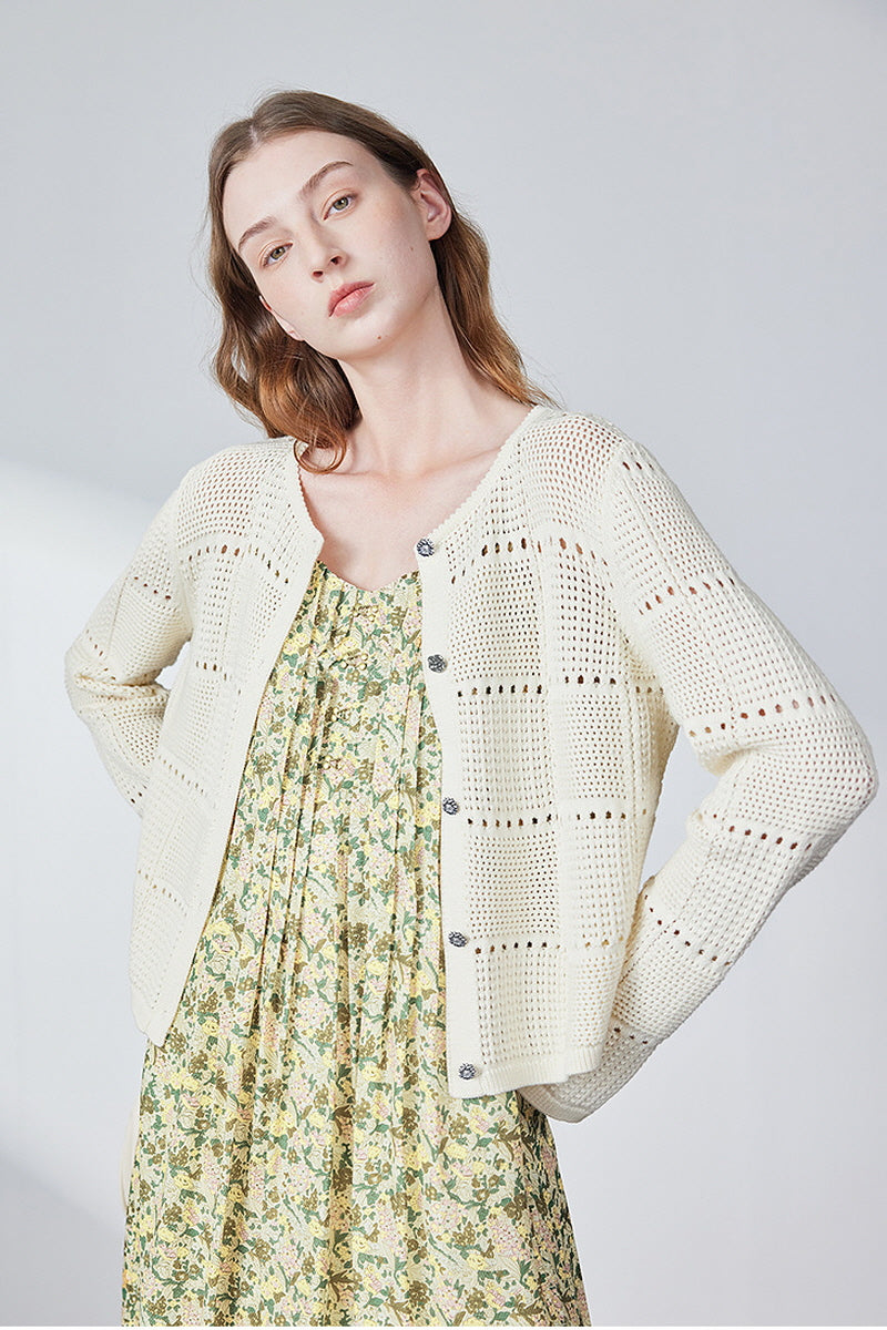 Textured Micro-Cut-Out Knit Pearl Button Cardigan