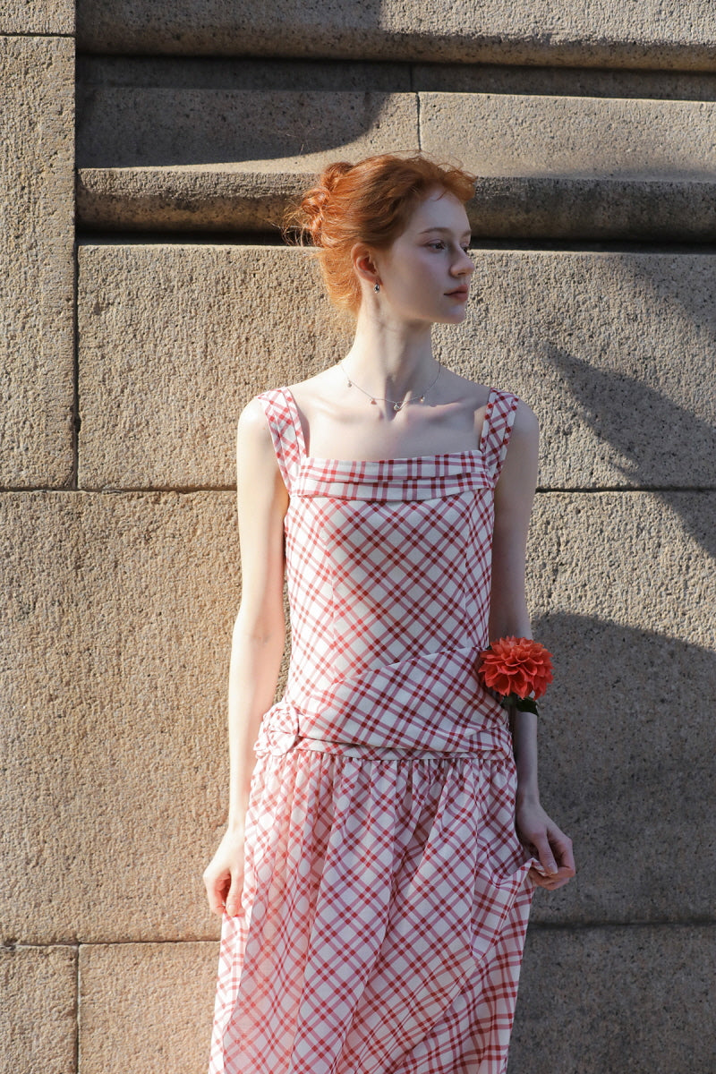 Square Neck Checkered Slip Dress