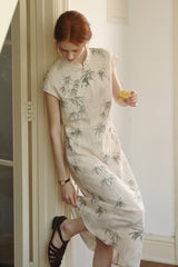Diagonal Placket Ink Bamboo Cheongsam Dress