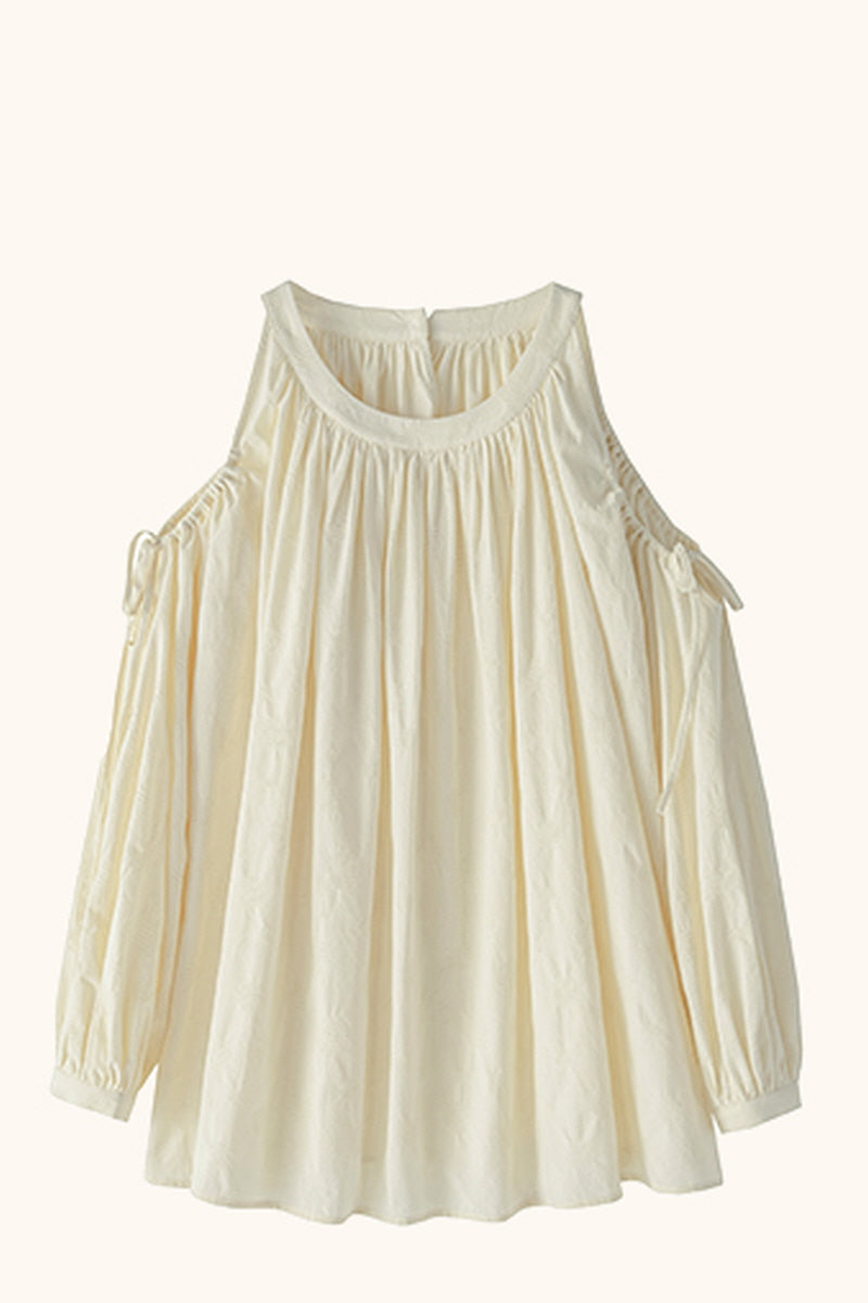 Shirred Off-Shoulder Loose Long Sleeve Shirt
