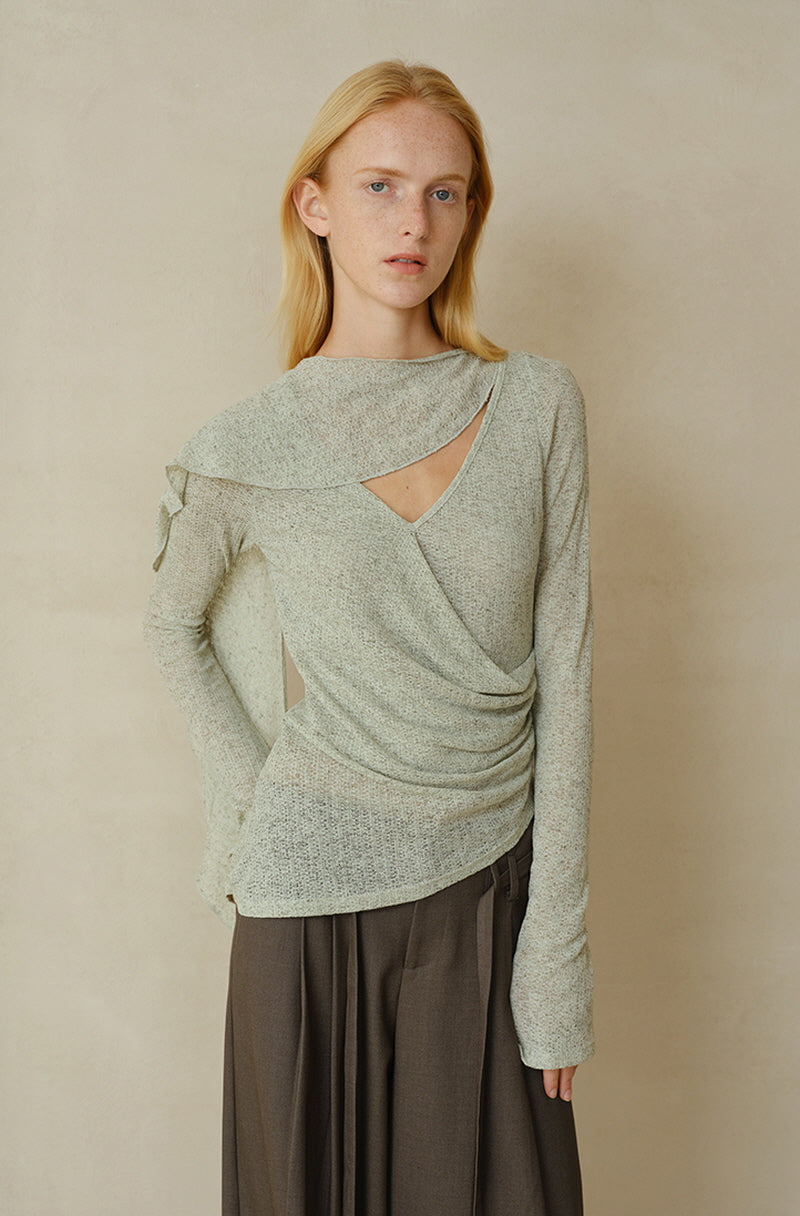 Cross-Drape Pleated V-Neck Flared Sleeve Top