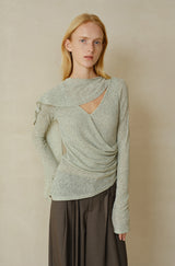 Cross-Drape Pleated V-Neck Flared Sleeve Top