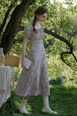 Fungus-Trimmed Square Neck Puff Sleeve Floral Dress