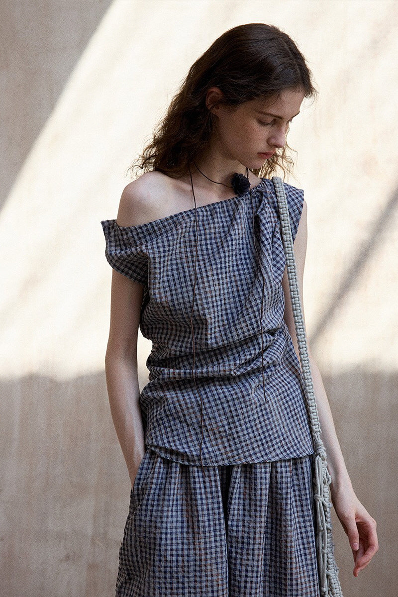 Asymmetrical Plaid Off-Shoulder Top