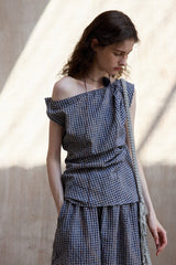 Asymmetrical Plaid Off-Shoulder Top