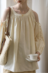 Shirred Off-Shoulder Loose Long Sleeve Shirt