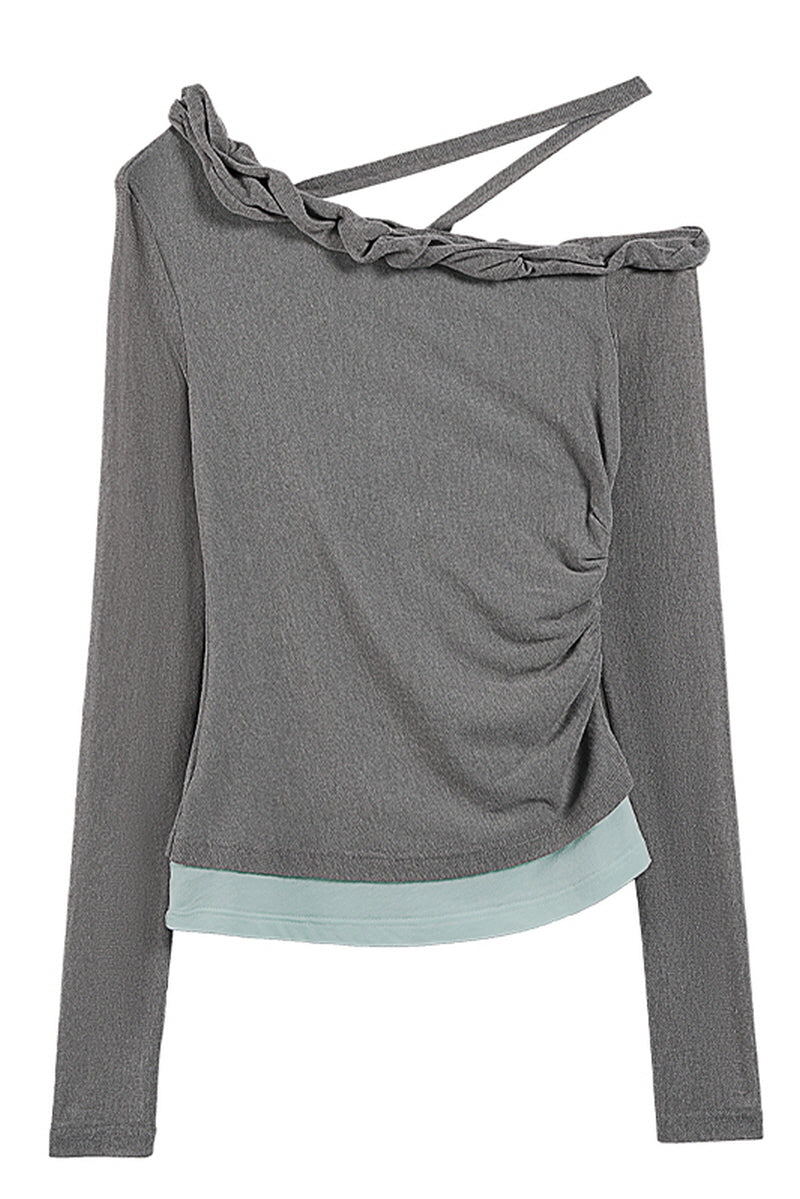 Twisted Neck Asymmetrical Contrast Knit Top