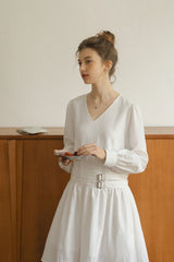 Double Belt Cinched V-Neck Long Sleeve Dress