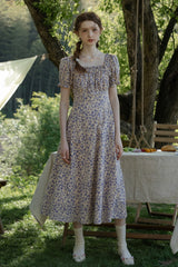 Fungus-Trimmed Square Neck Puff Sleeve Floral Dress