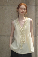 French Romantic Fungus Trimmed Sleeveless Top