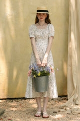 Square Neck Waist Cinch Floral Dress