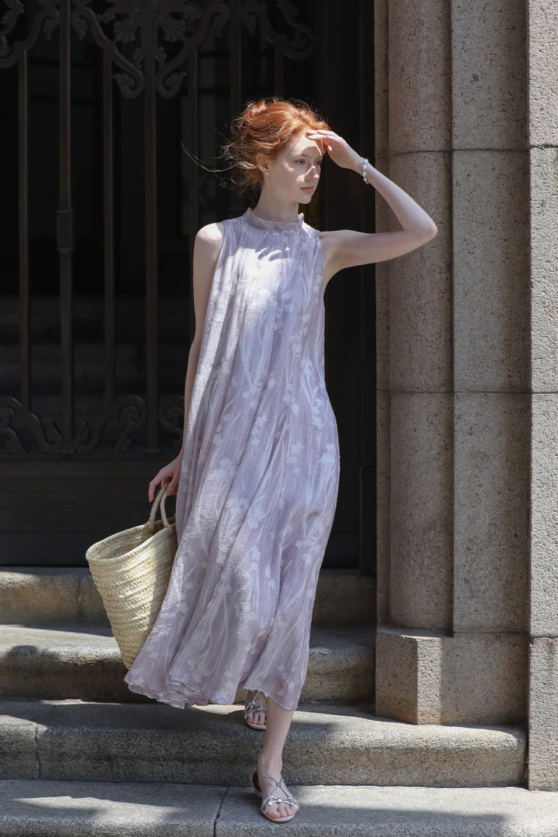 Streamer Stand Collar Sleeveless Dress