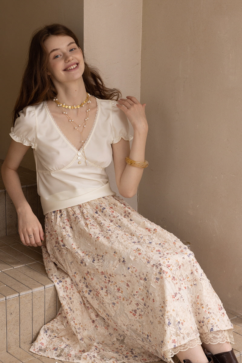 Lace Spliced Elastic Skirt