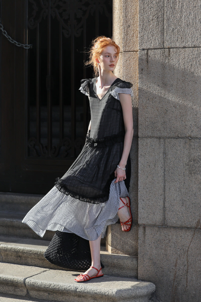 Gentle V-Neck Fly Sleeve Patchwork Check Dress