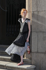 Gentle V-Neck Fly Sleeve Patchwork Check Dress