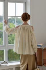 Shirred Off-Shoulder Loose Long Sleeve Shirt