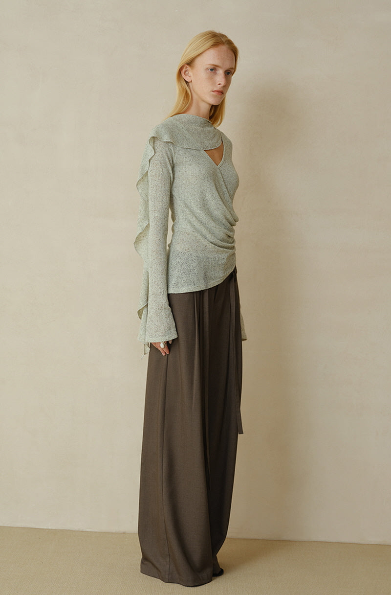 Cross-Drape Pleated V-Neck Flared Sleeve Top